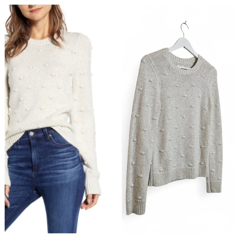 Lucky Brand Sweater Sz S Pom Pom Textured Crewneck Boho Cozy Knit Pullover Ivory